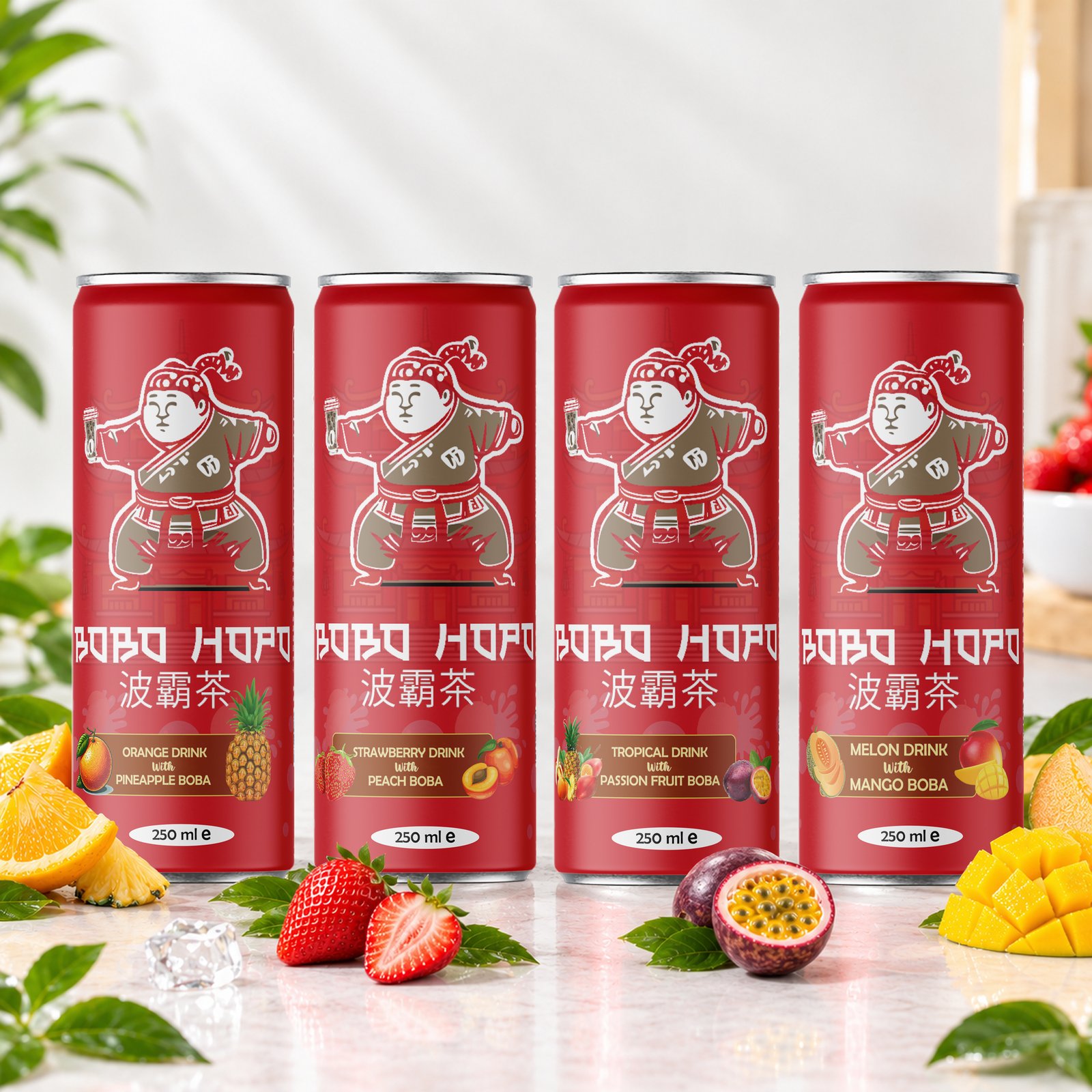 Bobo Hopo 250 ml bubble tea cans in pineapple, peach, passion fruit and mango boba flavours displayed with fresh fruit and ice.